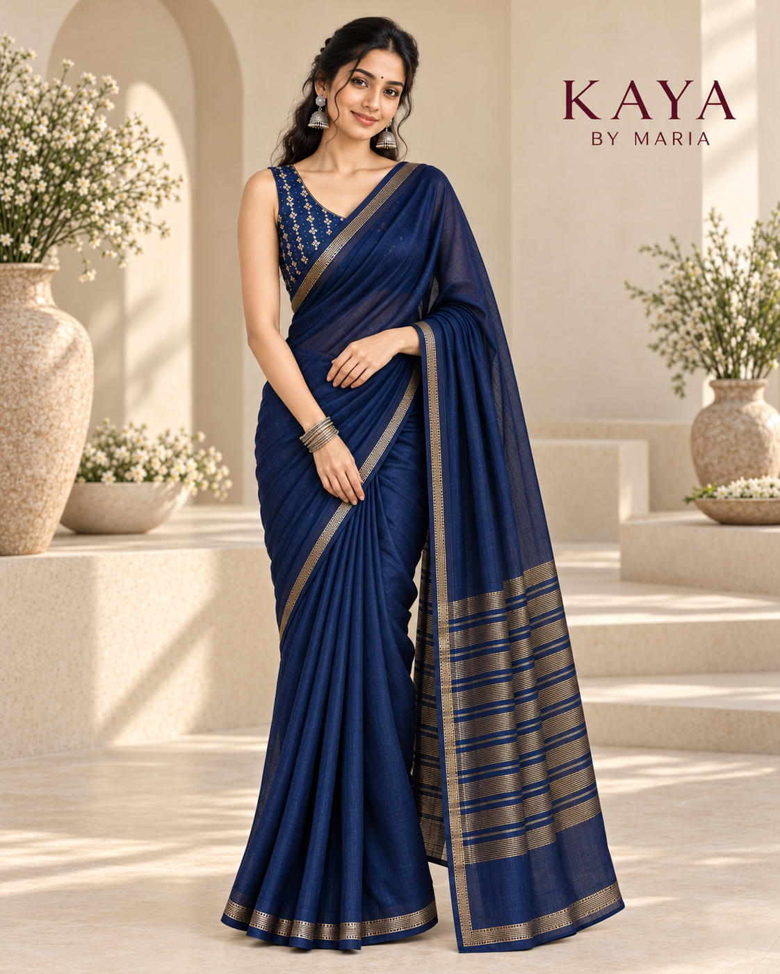 KAYA Midnight Grace Navy Border Saree