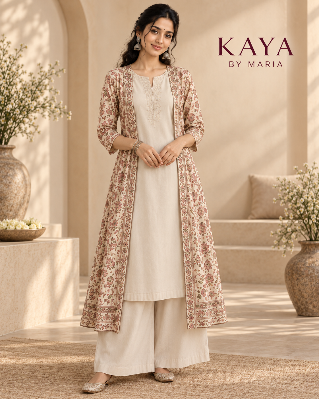 KAYA Ivory Bloom Layered Kurta & Palazzo Set