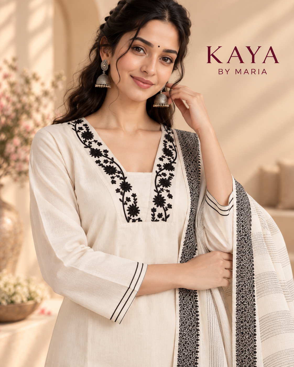 KAYA Ivory Noir Embroidered Kurta & Dupatta Set