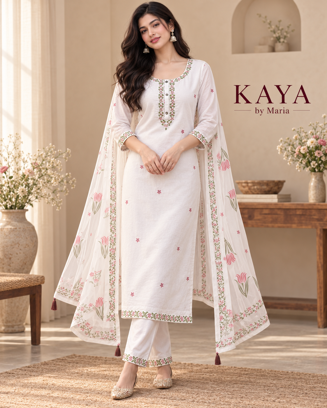 KAYA Blush Bloom Floral Kurta & Dupatta Set