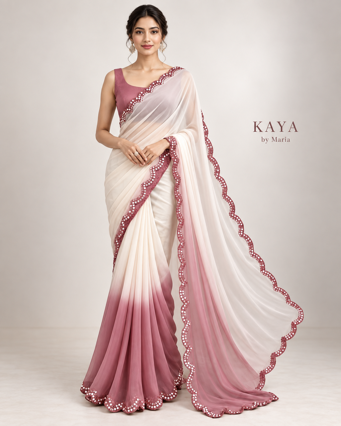 KAYA Rose Mist Ombre Scalloped Saree