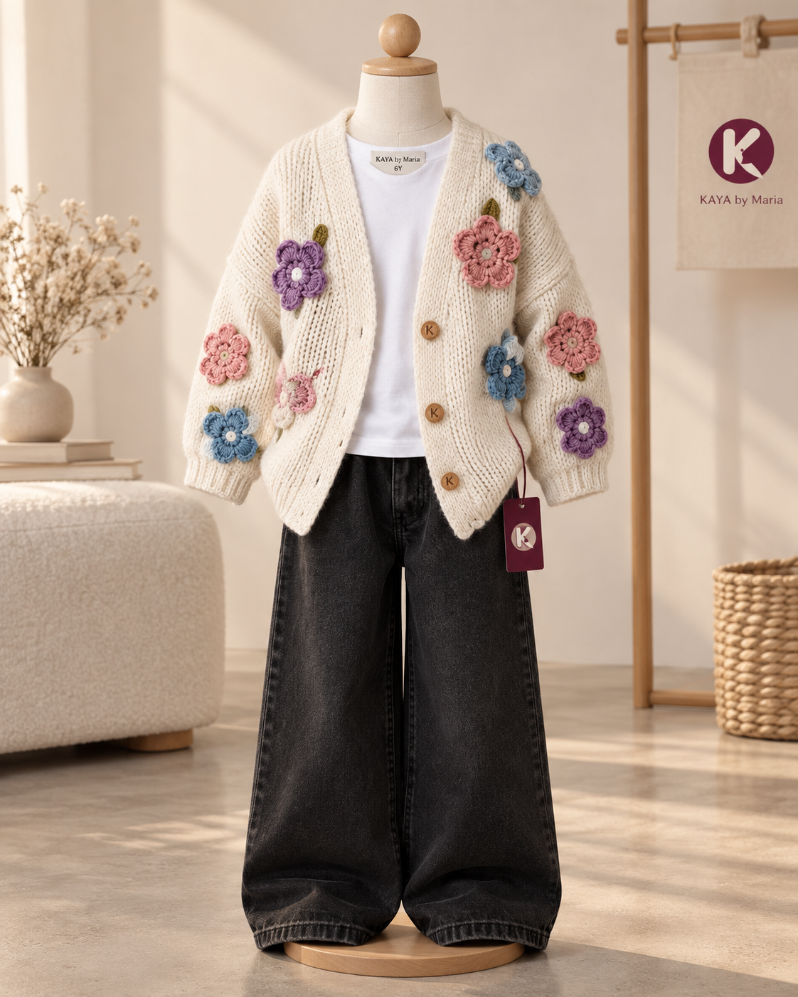 KAYA Crochet Floral Cardigan & Wide-Leg Denim Set – Ivory & Charcoal