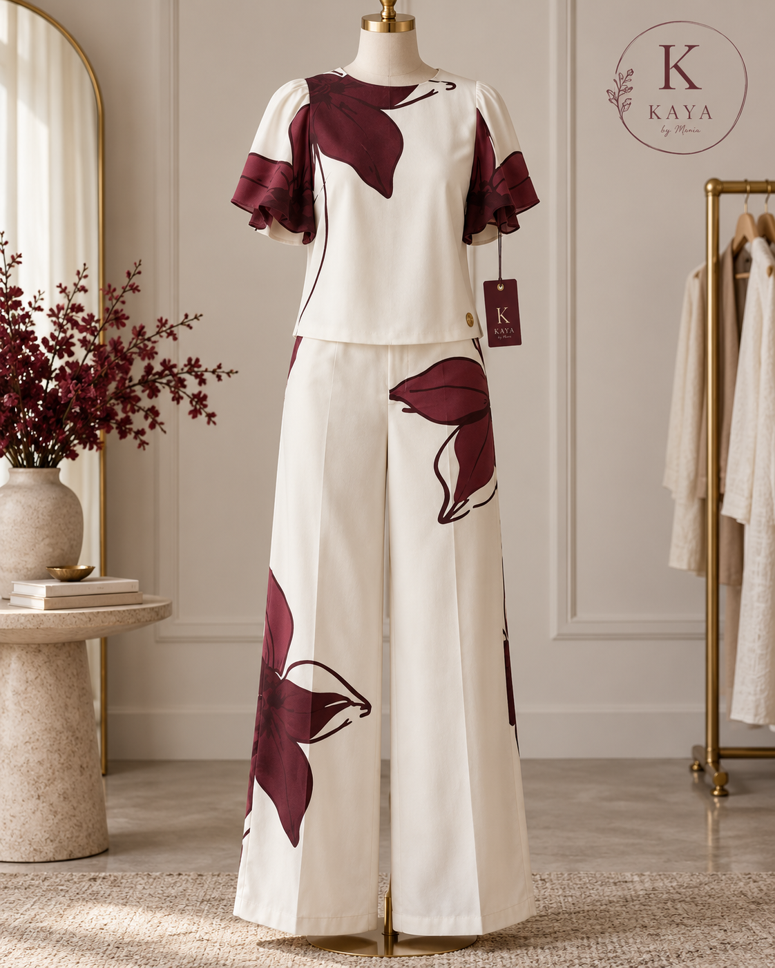 KAYA Burgundy Botanical Top & Wide-Leg Trouser Set – Ivory
