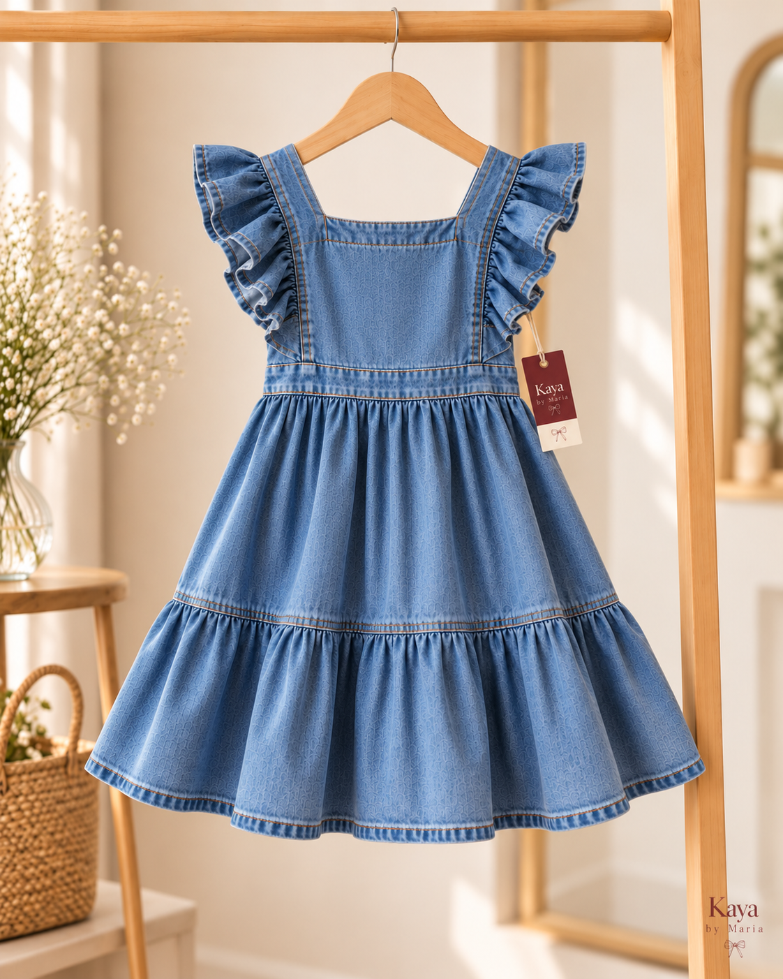 KAYA Ruffle-Sleeve Tiered Denim Dress – Mid Blue