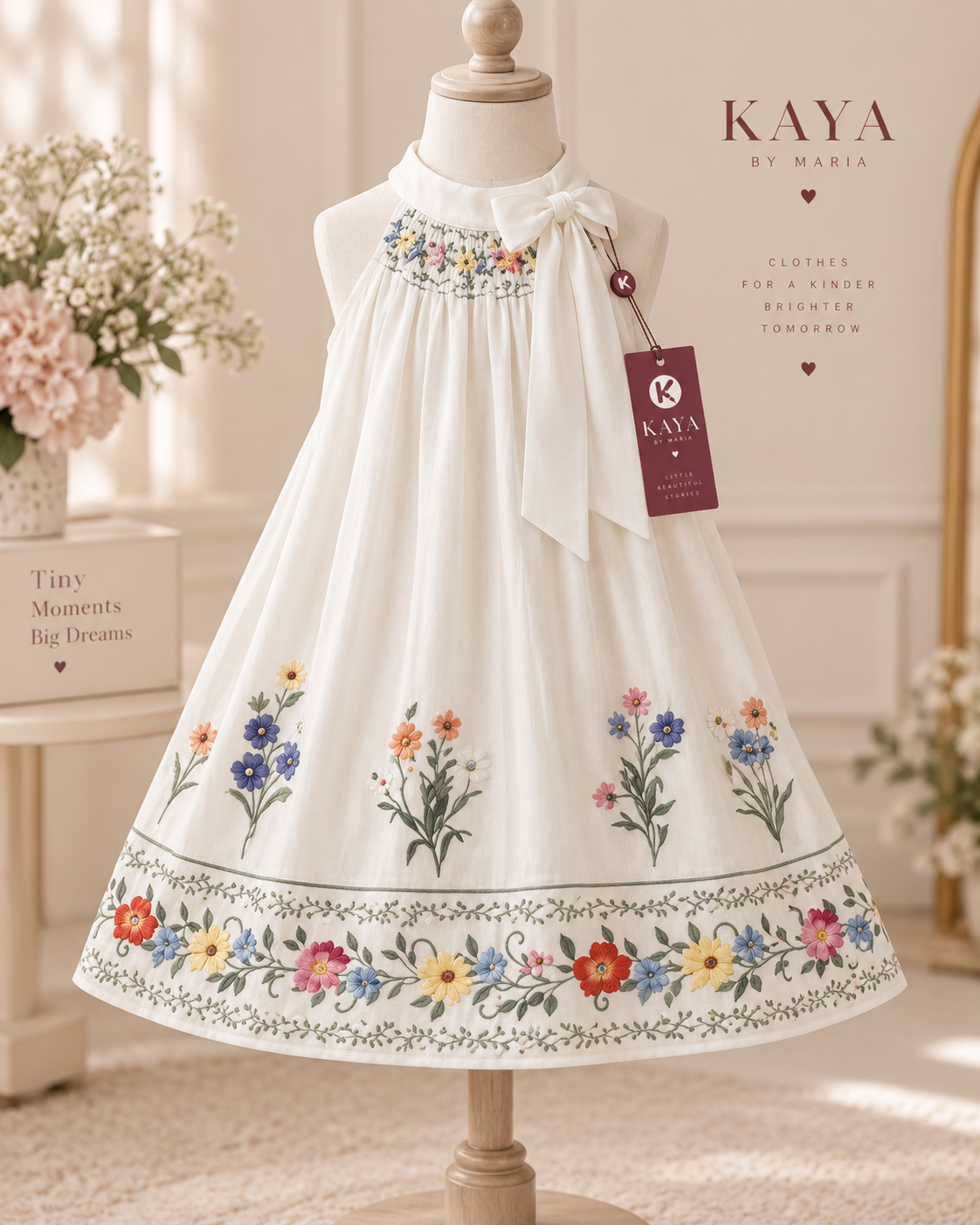 KAYA Embroidered Floral-Border Bow Dress – Ivory