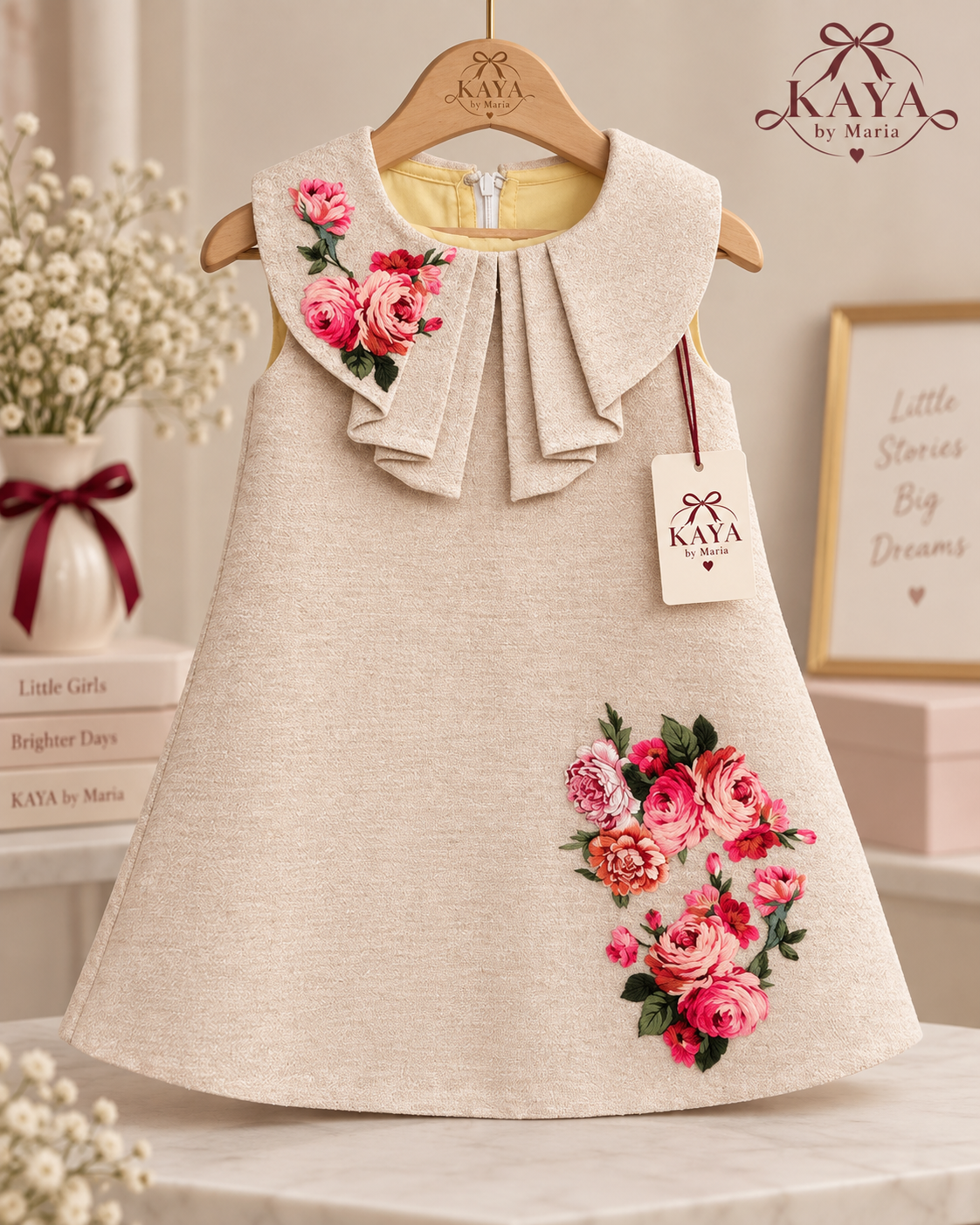 KAYA Rose-Embroidered Statement-Collar Dress – Oatmeal