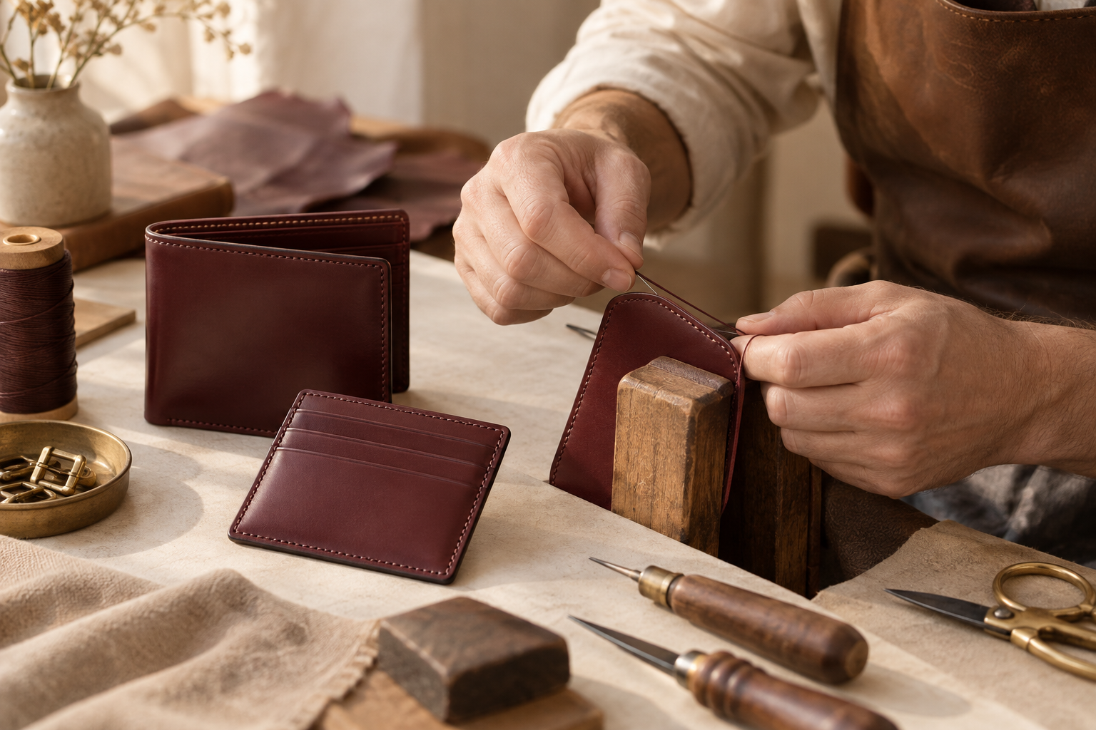 Artisan hand-stitching a KAYA leather piece